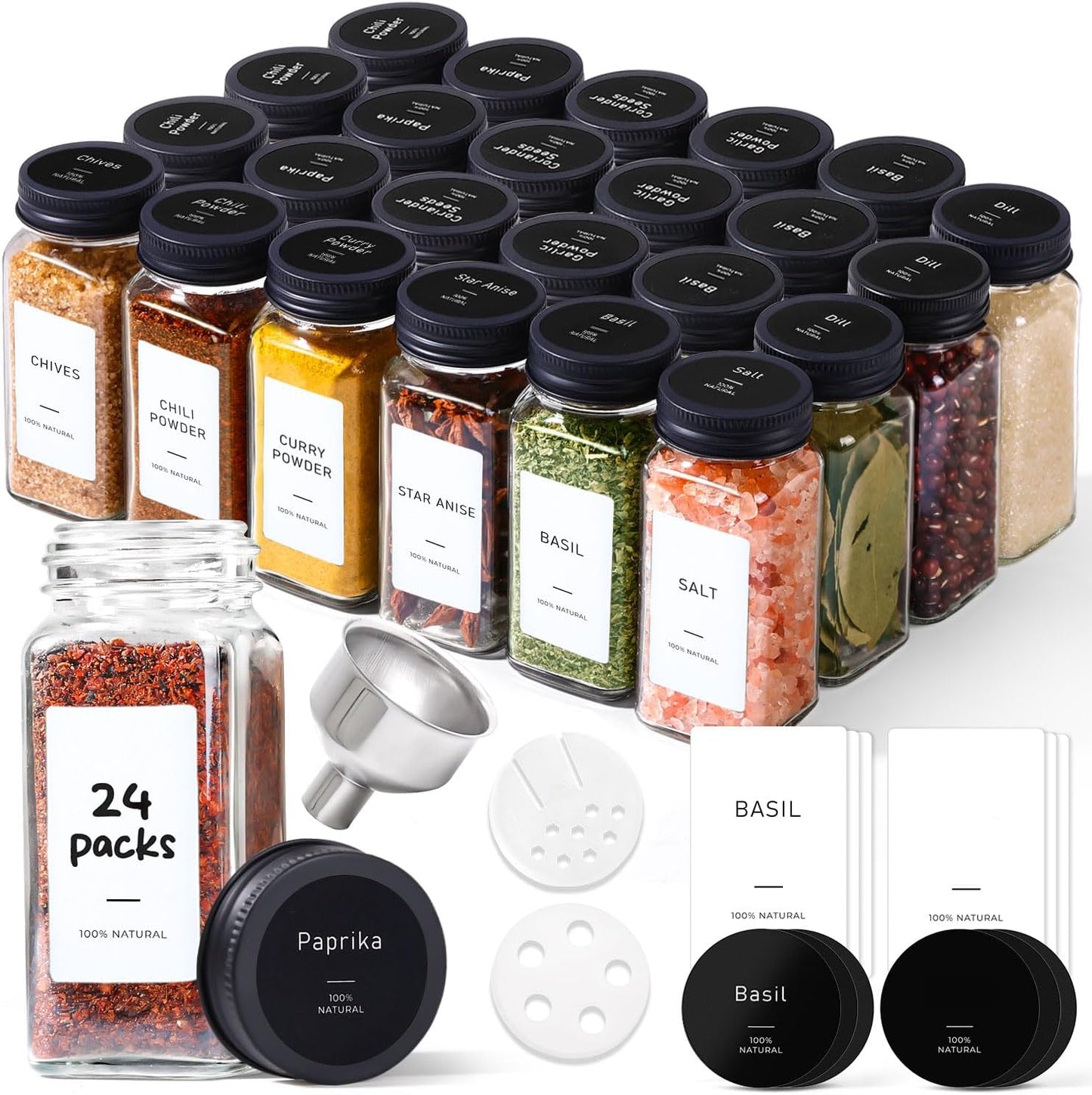 24Pcs 4oz, 93 ComSaf Glass Spice Jars with Label, Labels, a Metal Funnel, Extra Shaker Lids, Empty Spice Containers