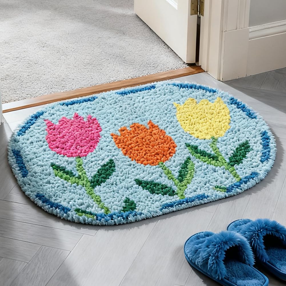 ORIGACH Tulip Latch Hook Rug Kit for Adults Printed Rug Making Kit Handmade Carpet Tapestry Cover with Hook Latch and Preprinted Canvas, Home Arts Crafts Sofa Decor, 20.5x15inch