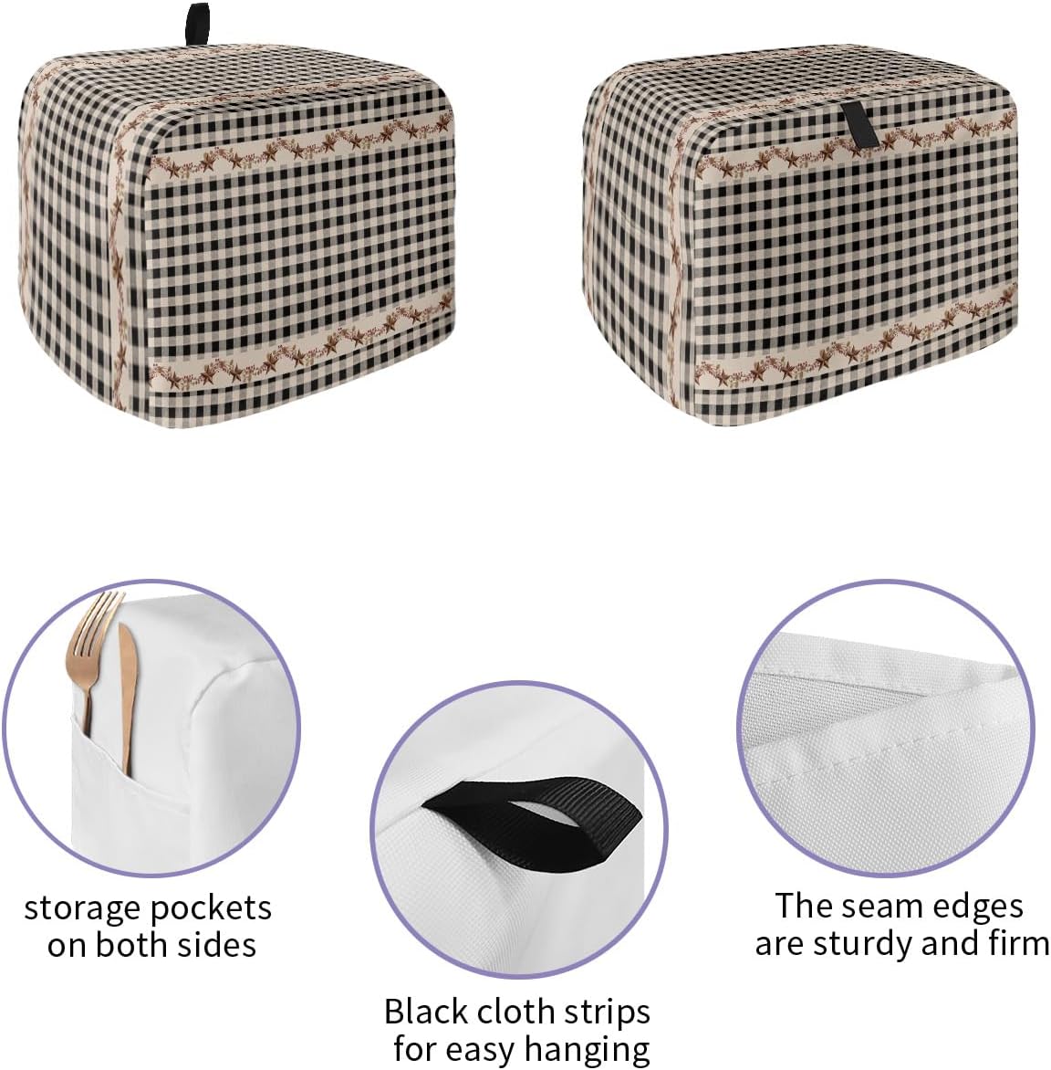 Country Star Berry Black Buffalo Plaid Toaster Dust Cover, Soft Washable 2 Slice, Pockets for Small Appliance Protection