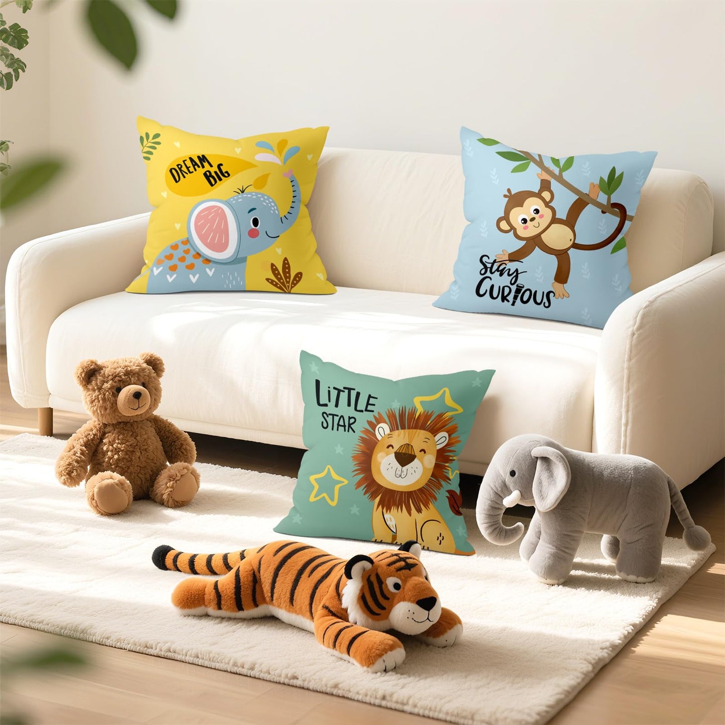 Joymaison Cartoon Animals Throw Pillow Covers 18x18 Inch Set of 4 Baby Elephant Giraffe Lion Monkey Cushion Pillow Case Nursery Home Decor for Kids Toddlers Teens