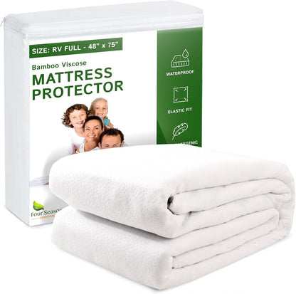 Four Seasons Essentials RV Short Full Size Waterproof Mattress Protector, Cooling Bamboo Fitted Sheet Cover