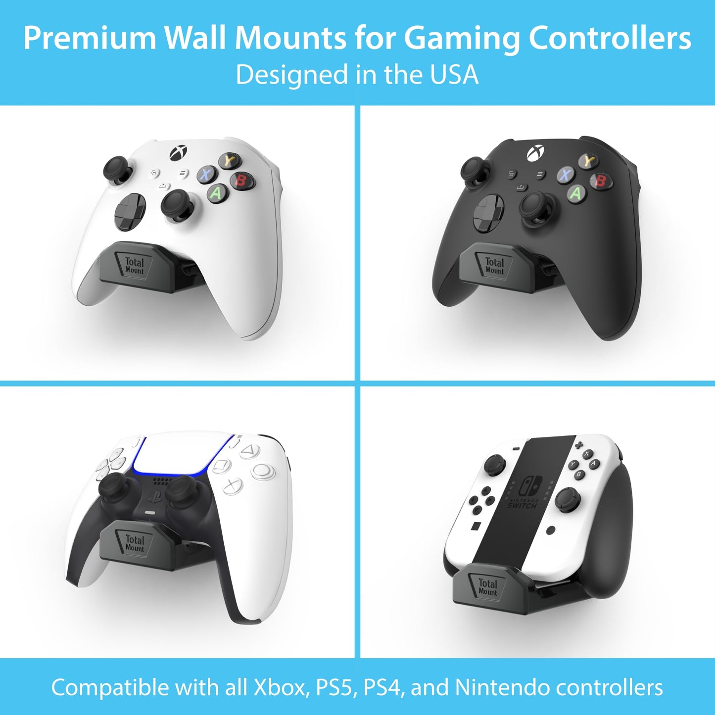 TotalMount Controller Wall Stands (4 Pack) with Non-Slip Pads & Removable Adhesive for Xbox, PS5, PS4, and Nintendo – These Premium Holders Won’t Damage Your Wall with Screws or Permanent Adhesive