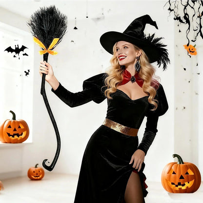 Lachouhaox Halloween Witch Broom with 3 Ribbons, Large Plastic Black Home Decoration Accessory Cosplay Photo Prop for Party