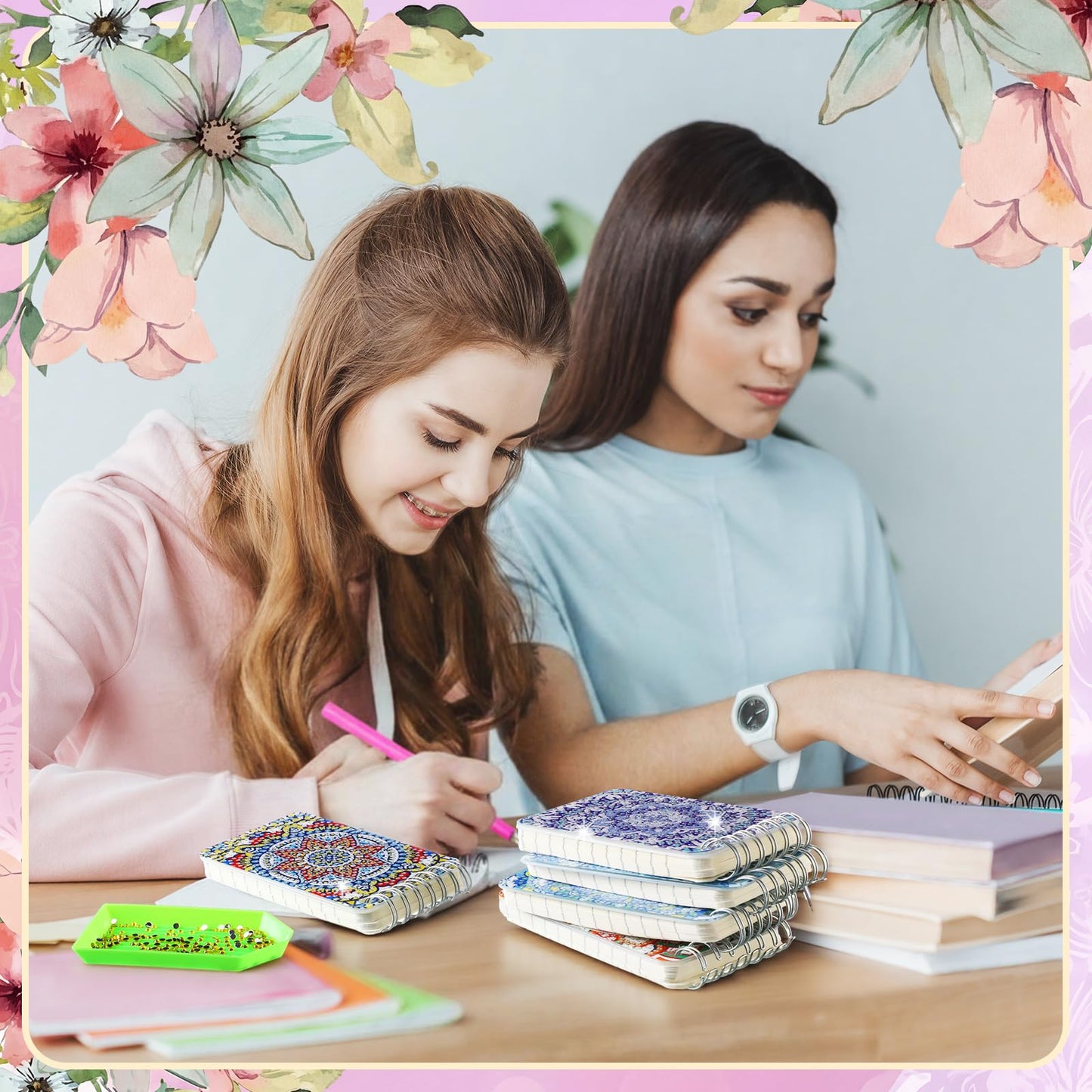 Frienda 12 Pcs Mandala Diamond Painting Notebook Kits for Adults DIY Mandala Diamond Art Journal Notebooks 5d Flower Gem Dots Cover Notepad Gift Set Journal Art Crafts Accessories with Tools