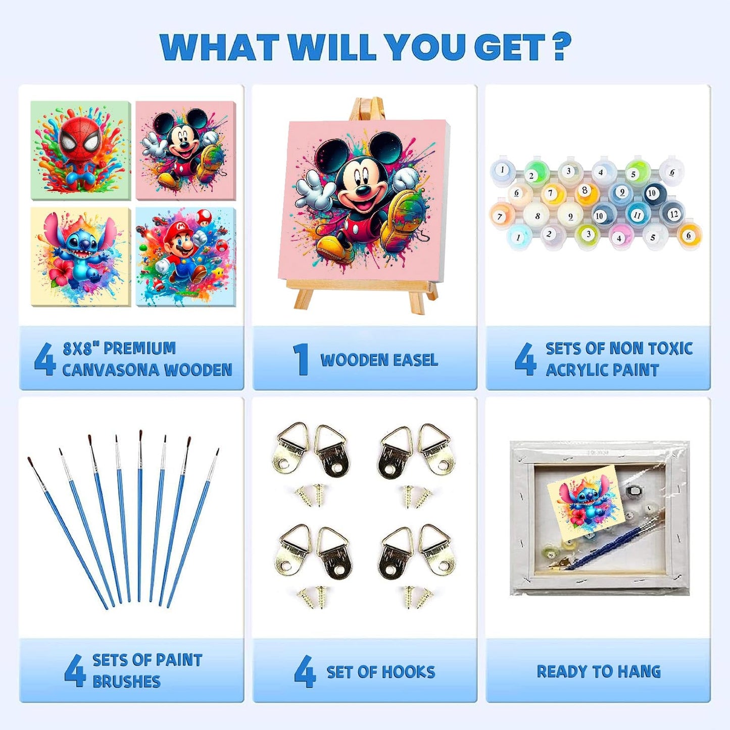 Fuinkqe 4 Packs Cartoon Paint by Numbers Kits for Kids Framed,Paint by Numbers for Kids Ages 8-12 with Framed Canvas,DIY Easy Painting Kits with Wooden Easel for Home Wall Decor 8X8 Inch