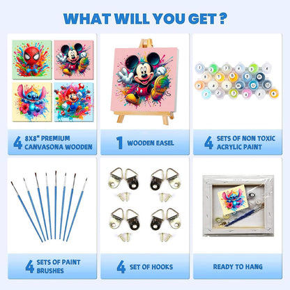Fuinkqe 4 Packs Cartoon Paint by Numbers Kits for Kids Framed,Paint by Numbers for Kids Ages 8-12 with Framed Canvas,DIY Easy Painting Kits with Wooden Easel for Home Wall Decor 8X8 Inch