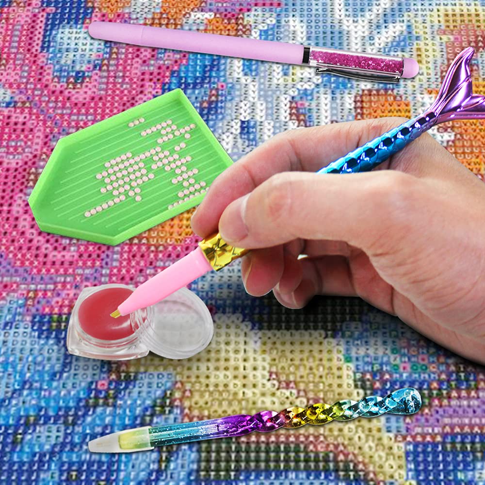 AIFUDA 16 Pcs Diamond Art Tool Kit - Mermaid Spiral Diamond Art Paintings Point Drill Pens, Glue Clay (Pink)