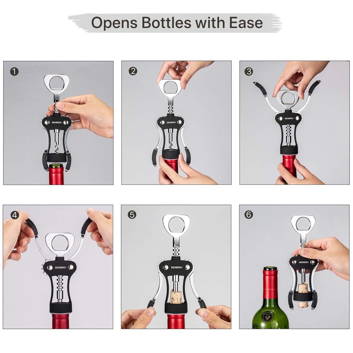 Beneno Wine Opener, Zinc Alloy Premium Wing Corkscrew with Multifunctional Bottles Opener, Sharp Wine Corkscrew with Ergonomic Non-Slip Wing Handle, Upgrade Black