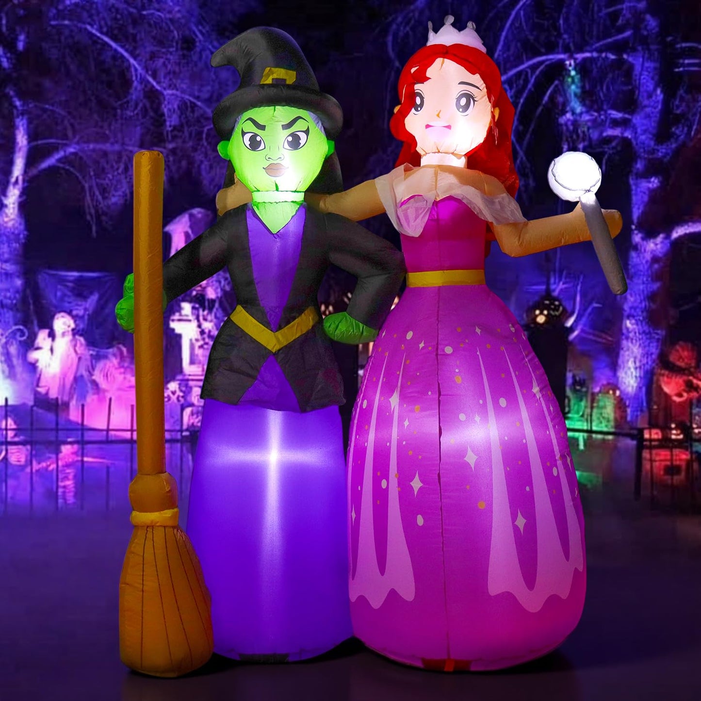 6FT Halloween Inflatable Witch Sisters with Magic Wand and Broom, Holiday Outdoor Blow Up Decorations Built-in LEDs for Halloween Party Supplies, Yard Indoor Garden Lawn Patio