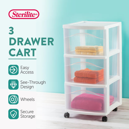 Sterilite 6 Pack 3 Drawer Storage Cart, Plastic Medium Organizer with Wheels, White - Multipurpose Bin for Crafts, Accessories, or Office Supplies