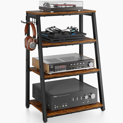 4-Tier AV Media Stand with 2 Hooks,Heavy Duty Stereo Cabinet Furniture-Large Stereo Rack and Game Console Stand,Wooden Record Player Stand,Audio Stand Perfect for DVD Players/Game Console/TV Box/Xbox
