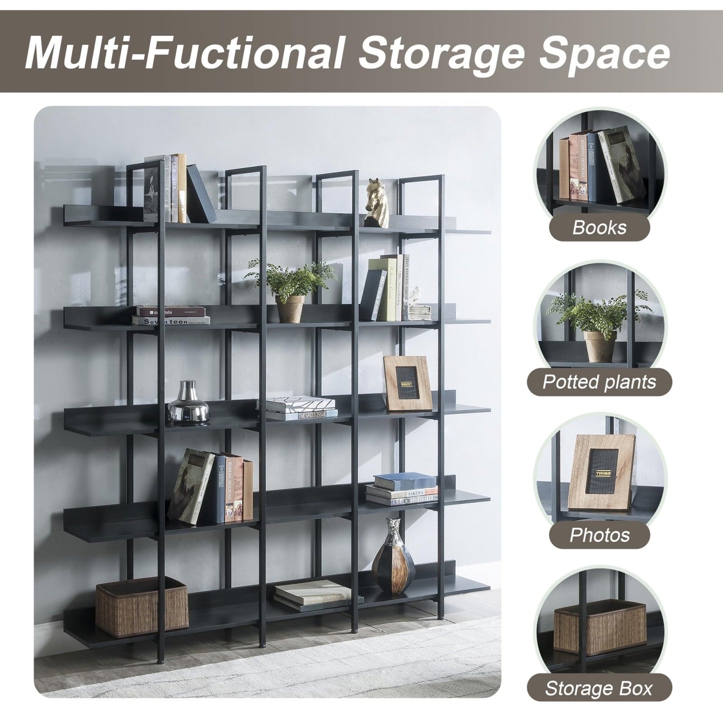 KCSWKJ 5 Tier Bookcase Home Office Open Bookshelf, Vintage Industrial Style Shelf with Metal Frame, MDF Board