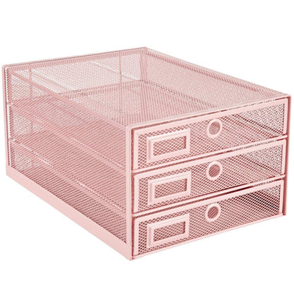 Annova Desk Organizer Wire Mesh 3 Tier Sliding Drawers Paper Sorter/Multifunctional/Premium Solid Construction for Letters, Documents, Mail, Files, Paper, Kids' Art Supplies (Light Pink)