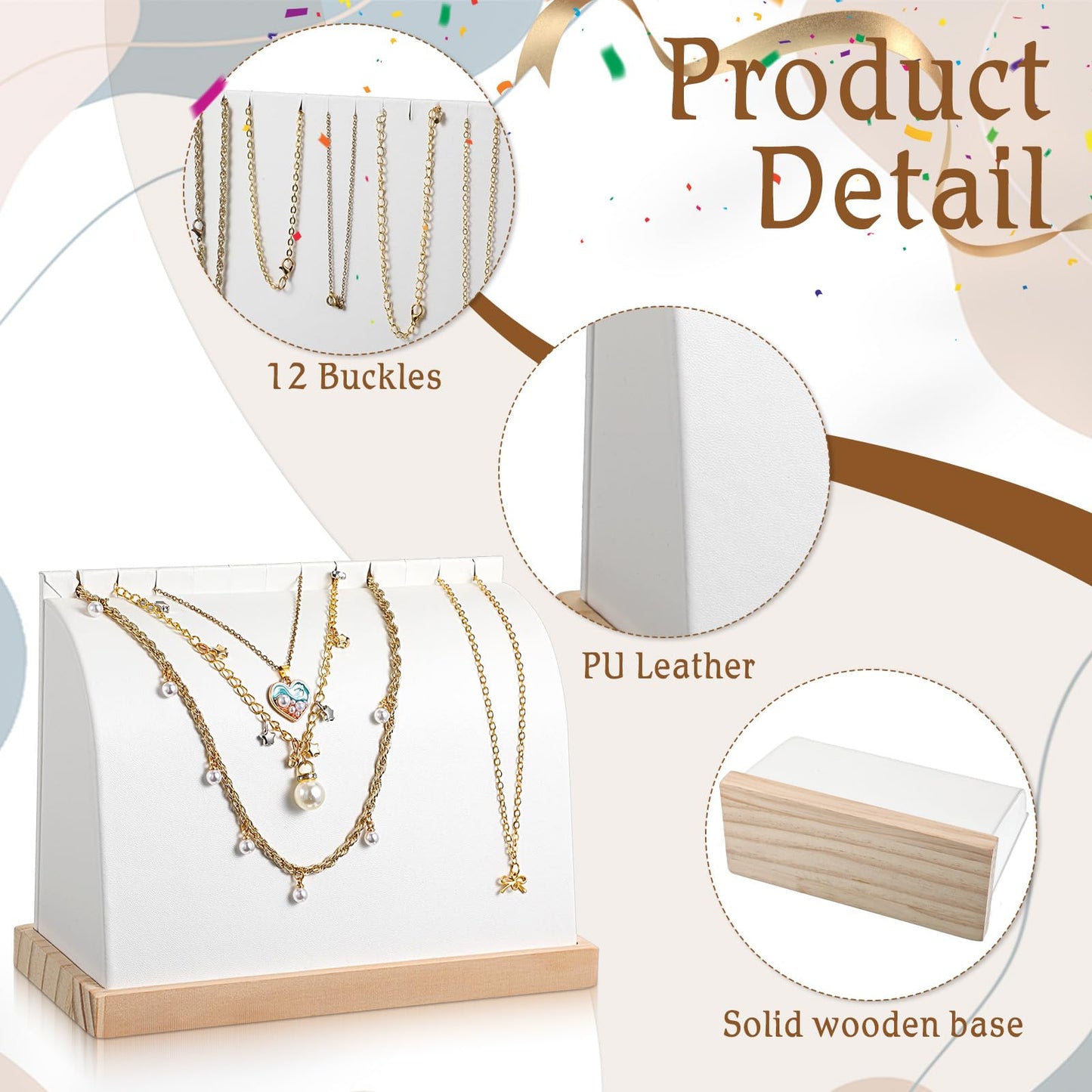 2 Pcs Cambered Wooden Necklace Display Stand with Soft PU Leather Mat, Necklace Bracelet Pendant Chokers Chains Organizer Holder, White Tabletop Jewelry Display Storage Holder for Selling Exhibition