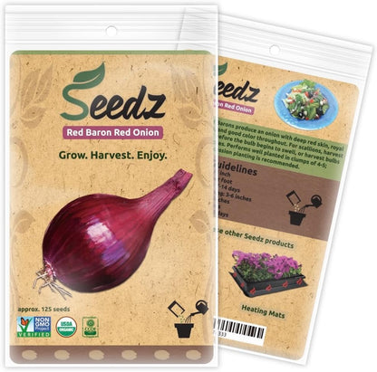 125, Organic Onion Seeds, APPR. Red Baron Onion, Heirloom Vegetable Seeds, Certified Organic, Non GMO, Non Hybrid, USA