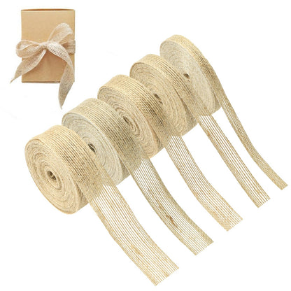 Stiesy Burlap Fabric Ribbon, 5 Rolls Natural Jute Twine for Craft Making Gift Wrapping, 5 Styles Rustic Wedding Decorations, 3/8 to 1-1/4 Inch Tan Ribbon Rolls