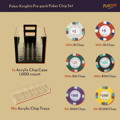 Playzaic 1000-piece Acrylic Poker Knights Poker Chip Case - 13.5-gram Heavy Clay Composite Set - Casino Chips for Texas Holdem, Blackjack - Betting Game Accessories