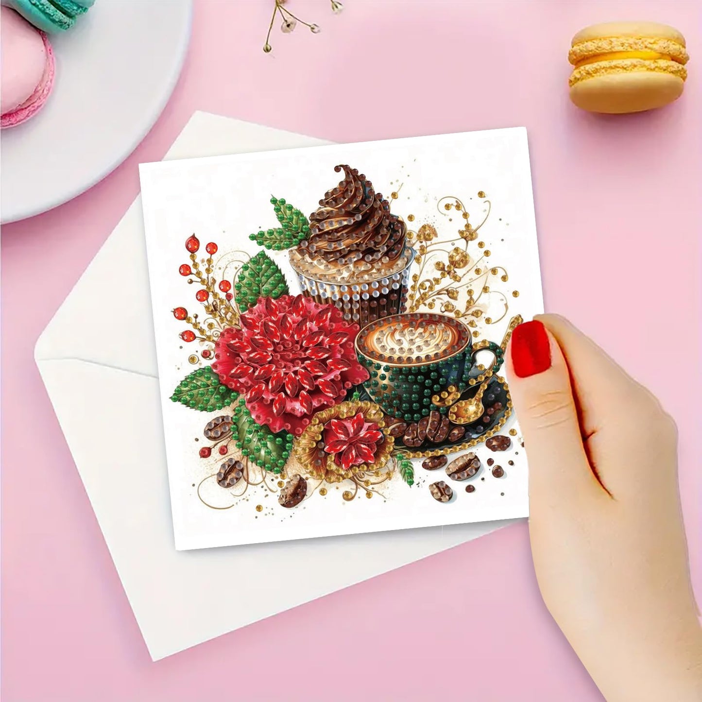 pigpigboss 6 Packs Coffee Dessert Diamond Painting Greeting Cards Kit, Crystal Rhinestones Flower Cupcake Diamond Art Birthday Card with Envelopes for Beginner Adult Holiday Blessing