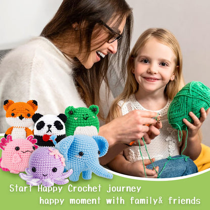 Gerute Crochet Kit for Beginners, 6 PCS Amigurumi Animal Family Starter Kit with Step-by-Step Video Tutorials & Illustrated Guide, 40% Extra Yarn, DIY Family Craft Gifts for Adults & Kids