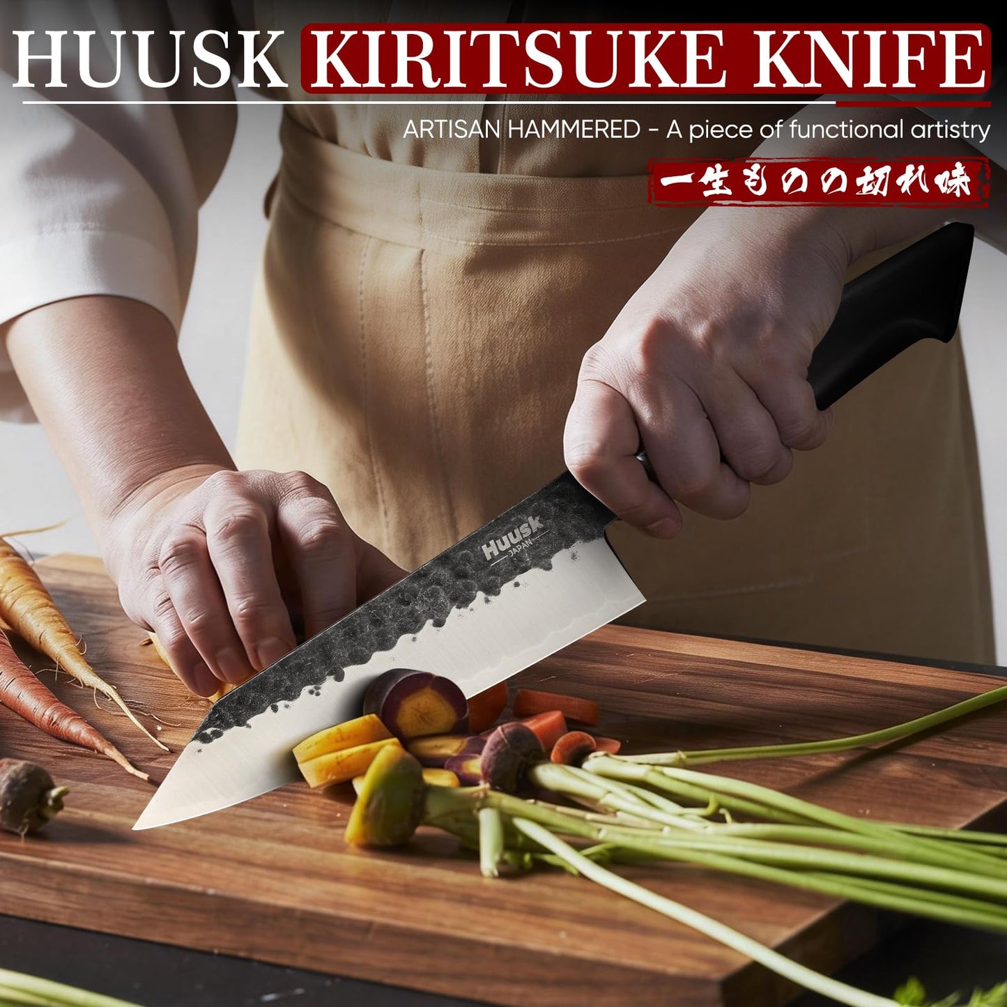 Huusk Kiritsuke Japanese Chef Knife - Hand Forged Japanese Knives with VG10 Steel Core, Ergonomic Handle 8 inch Kitchen Knife for Meat Sashimi Vegetable, Elegant Gift Box, Pro Chef's Choice