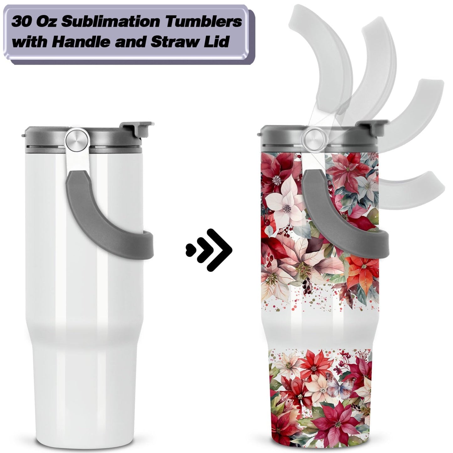 Tswofia 30 Oz Sublimation Tumblers Blank with Portable Handle, Stainless Steel Sublimation Cup with Straw Leakproof Flip, Individually Boxed (4 Pack)