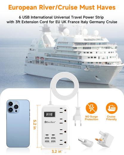 6 USB(2 USB C) Purple Travel Power Strip- 5Ft Lavender Extension Cord with 24W USB Charging Station and 4 Outlets, Purple Desk Accessories with Surge Protector for Cute Kawaii Office Dorm Room