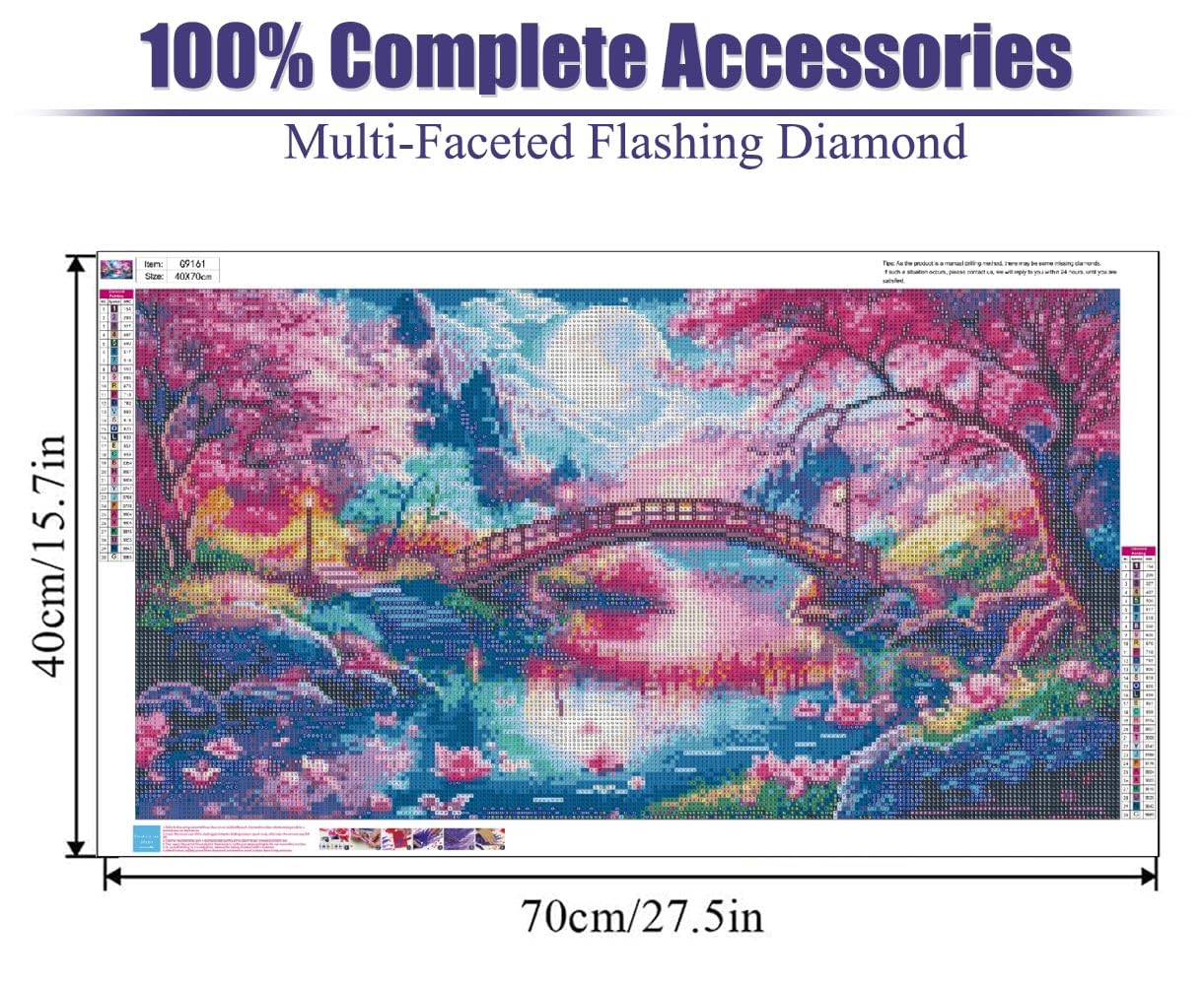 pchmcu 5D Large Diamond Painting,Cherry Scenery with Moon Bridge Extra Large Diamond Art Kits for Adults,DIY Round Full Drill Crystal Rhinestone Arts and Crafts Home Wall Decor 27.5 X 15.7inch