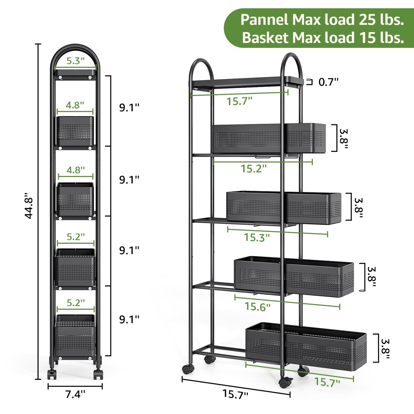 KINGRACK Slim Storage Cart with Drawer, 5-Tier Rolling Utility Cart on Wheels, Narrow Metal Cart for Space Save, Easy Assembly for Kitchen Cart, Craft Cart, Laundry, Bathroom, Nursery Organizer