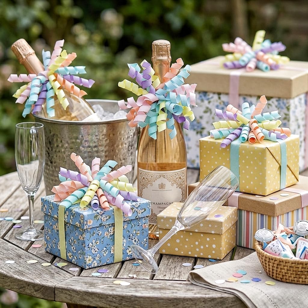 6PCS Pastel Self-Adhesive Curly Bows, 4" Pre-Made Bows for Gift Wrap, Soft Hues Ribbon Bow for Basket Decoration, for Wine Bottle, Present Bow for Birthday, Party, Anniversary (Macaron, 4 inches)