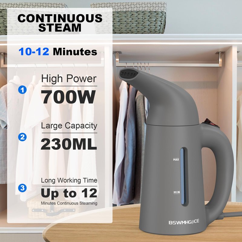 Steamer for Clothes, Travel Handheld Garment Steamer, Portable Clothes Steamer Remove Wrinkle,Ideal for ALL Fabrics,18 minutes Continuous Steam, One button Design, Easy to Use (Gray)
