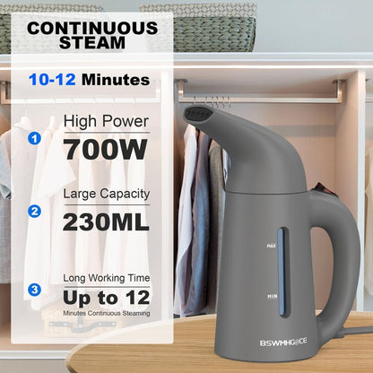 Steamer for Clothes, Travel Handheld Garment Steamer, Portable Clothes Steamer Remove Wrinkle,Ideal for ALL Fabrics,18 minutes Continuous Steam, One button Design, Easy to Use (Gray)