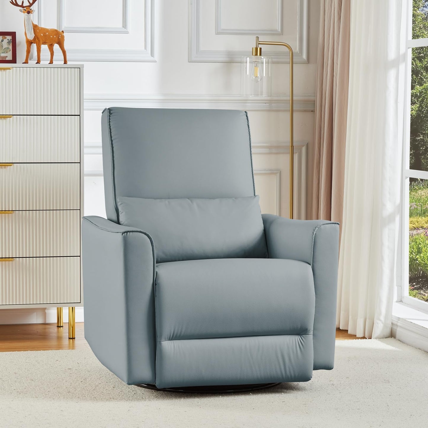 GarveeHome Swivel Rocking Recliner Chair, Upholstered Faux Leather Glider Recliner with Lumbar Support, high backrest & Padded armest, Manual Nursery Recliner for Living Room (Grey)