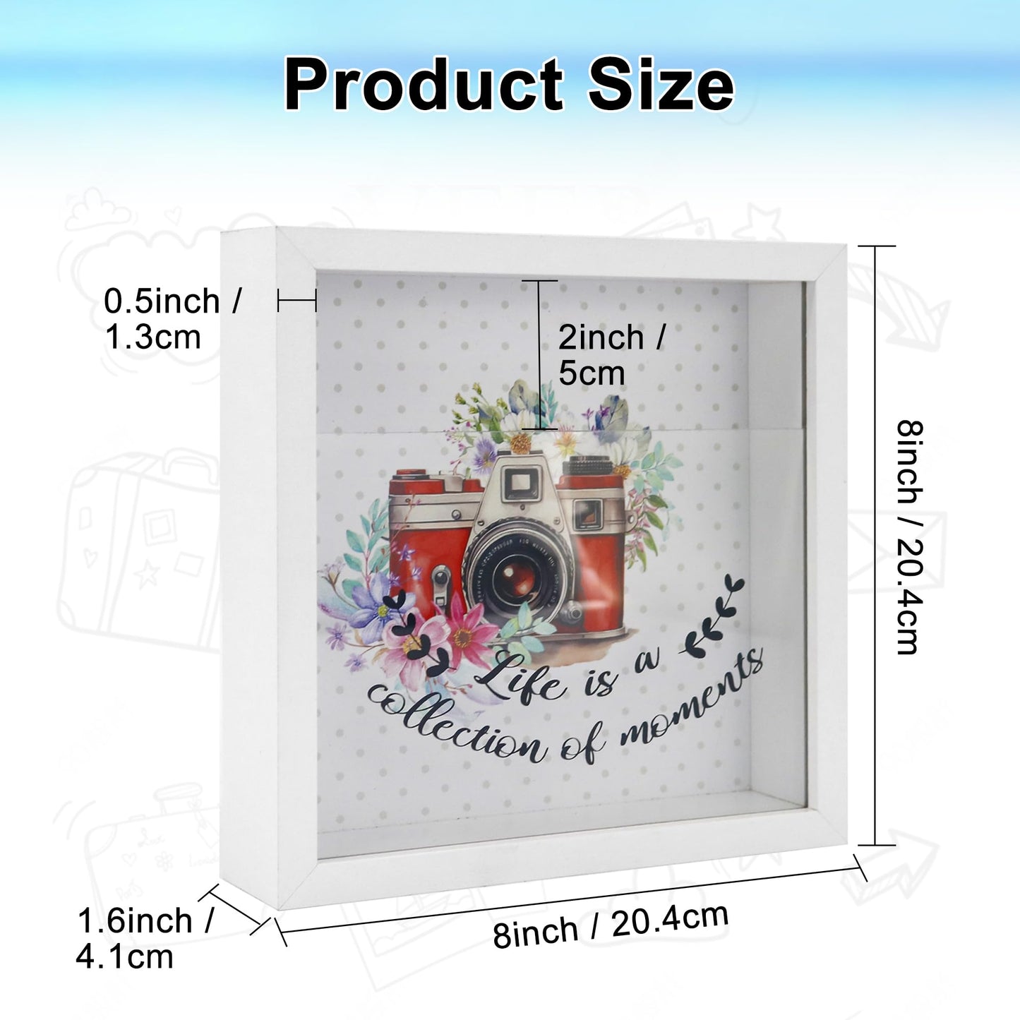 FramePro 8"x8" Travel Memory Shadow Box with Slot - Ticket Stub Organizer & Memory Box for Keepsakes, Shadow Box Frame Display Case for Photos and Tickets, Wall Mount or Tabletop (White)