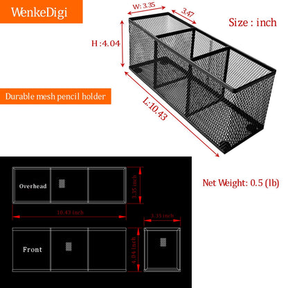 Metal Mesh Pencil Holder, Spacious 3-Compartment Desk Organizer for Pens, Makeup Brushes, Utensils, Multipurpose Office, School ,Kitchen, Home Desktop Storage, 10.43 x 3.35 x 4.04 Inches, Black