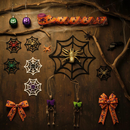 Halfchet 43 Pcs Halloween Hanging Tree Ornaments Decorations Spider Web Pumpkin Skull Bat Cat Eyeball Hanging Ornaments with Ribbon Pumpkin Toppers for Halloween Fall Party