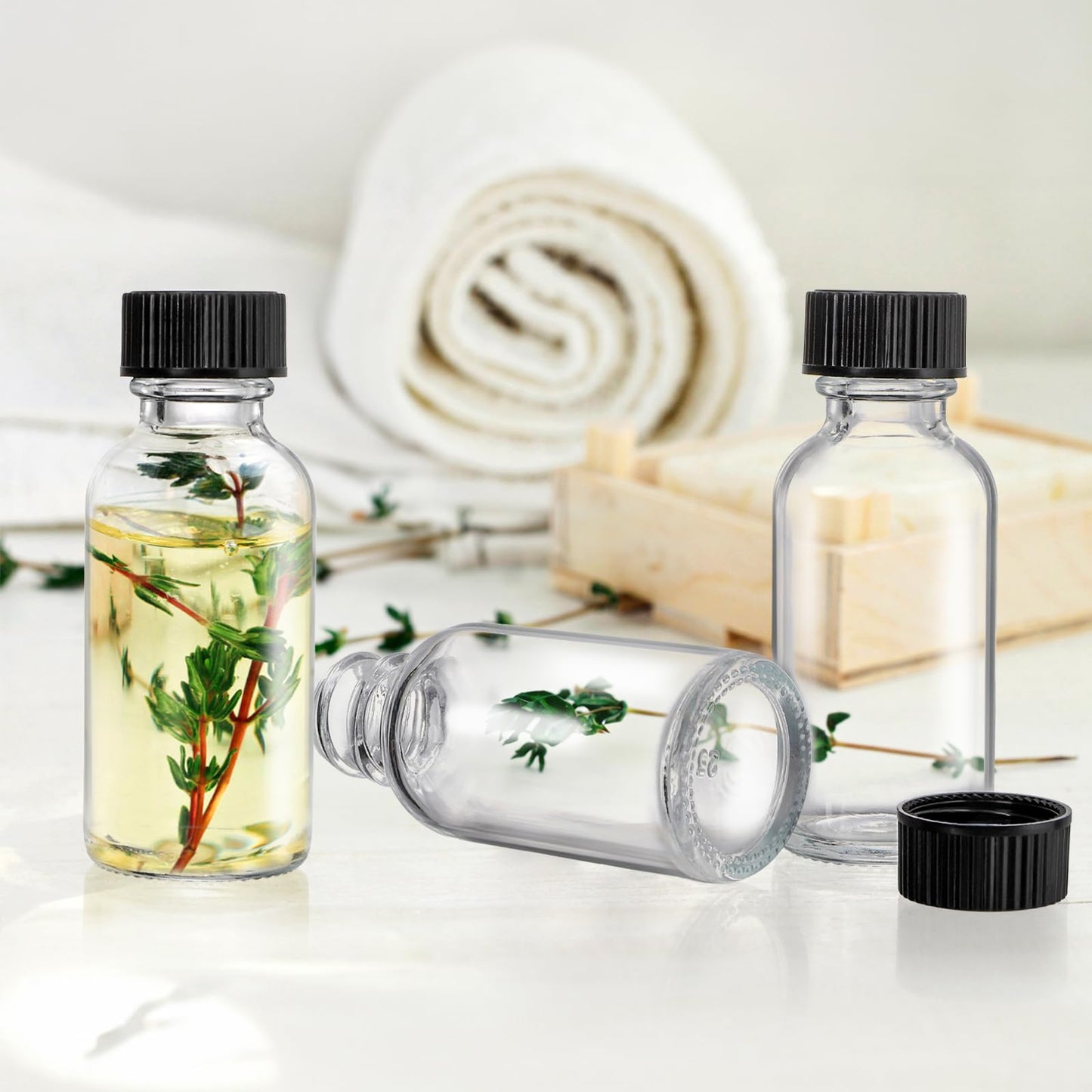 Bekith 30 Pack Boston Round Glass Bottle with Black Cap, 1 oz (30ml) Clear Glass Bottles Small Travel Bottle