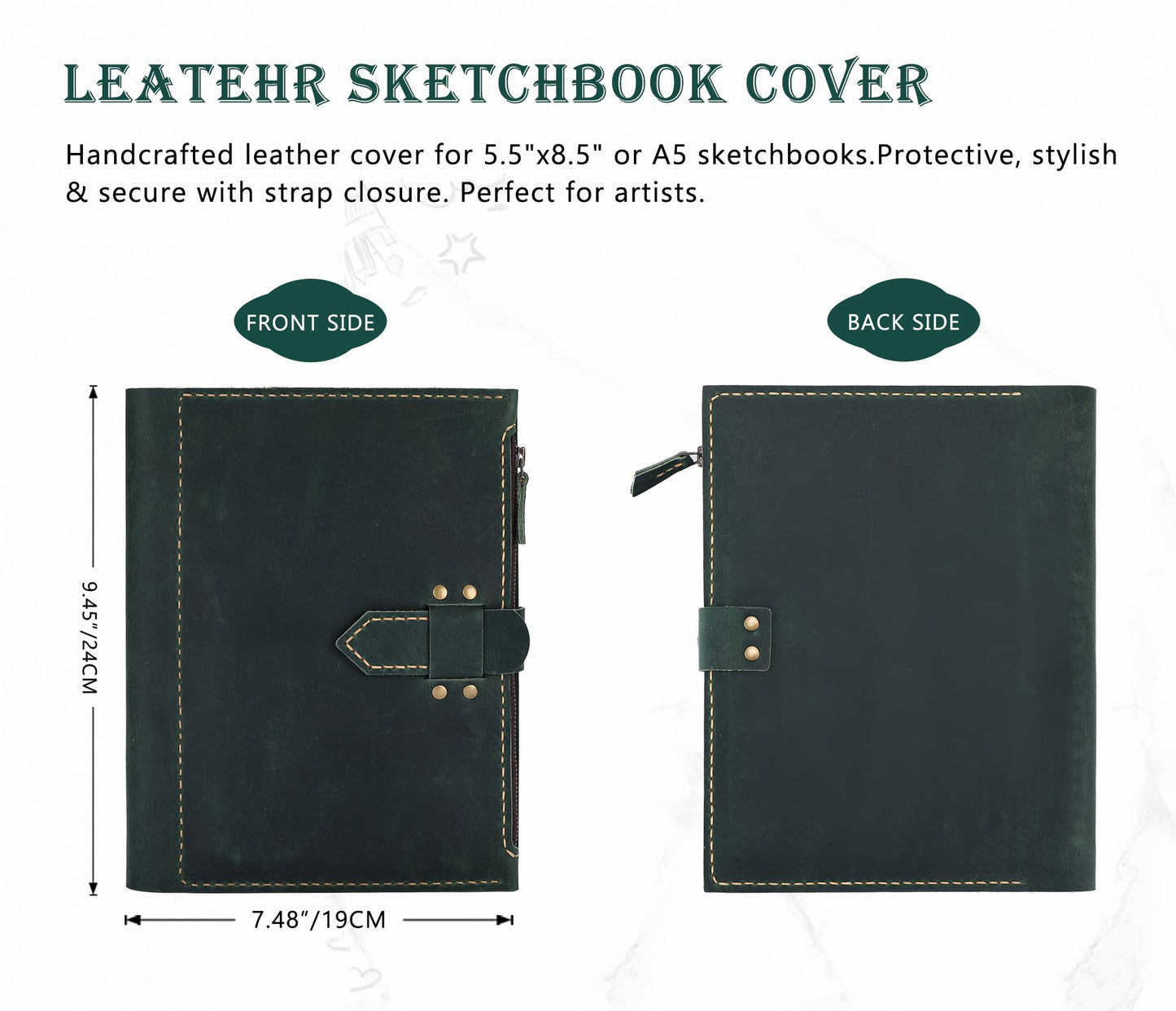 Fasjosma Leather Sketchbook Cover for A5/5.5"x8.5" sketch pads - Handmade Genuine Leather Artist Case with Pencil Holder & Zipper Pocket, Professional Drawing Supplies(Green, 5.5"x8.5")