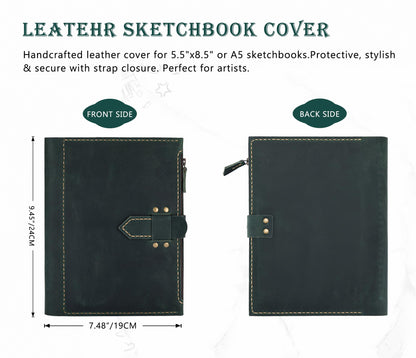 Fasjosma Leather Sketchbook Cover for A5/5.5"x8.5" sketch pads - Handmade Genuine Leather Artist Case with Pencil Holder & Zipper Pocket, Professional Drawing Supplies(Green, 5.5"x8.5")