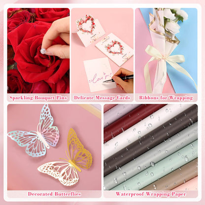 Thrilez 187PCS Flower Bouquet Wrapping Paper Kit Includes 40 Floral Paper, 24 Butterflies, 100 Bouquet Pins, 3 Ribbons and 20 Greeting Cards for Mother's Day Wedding Baby Shower Graduation