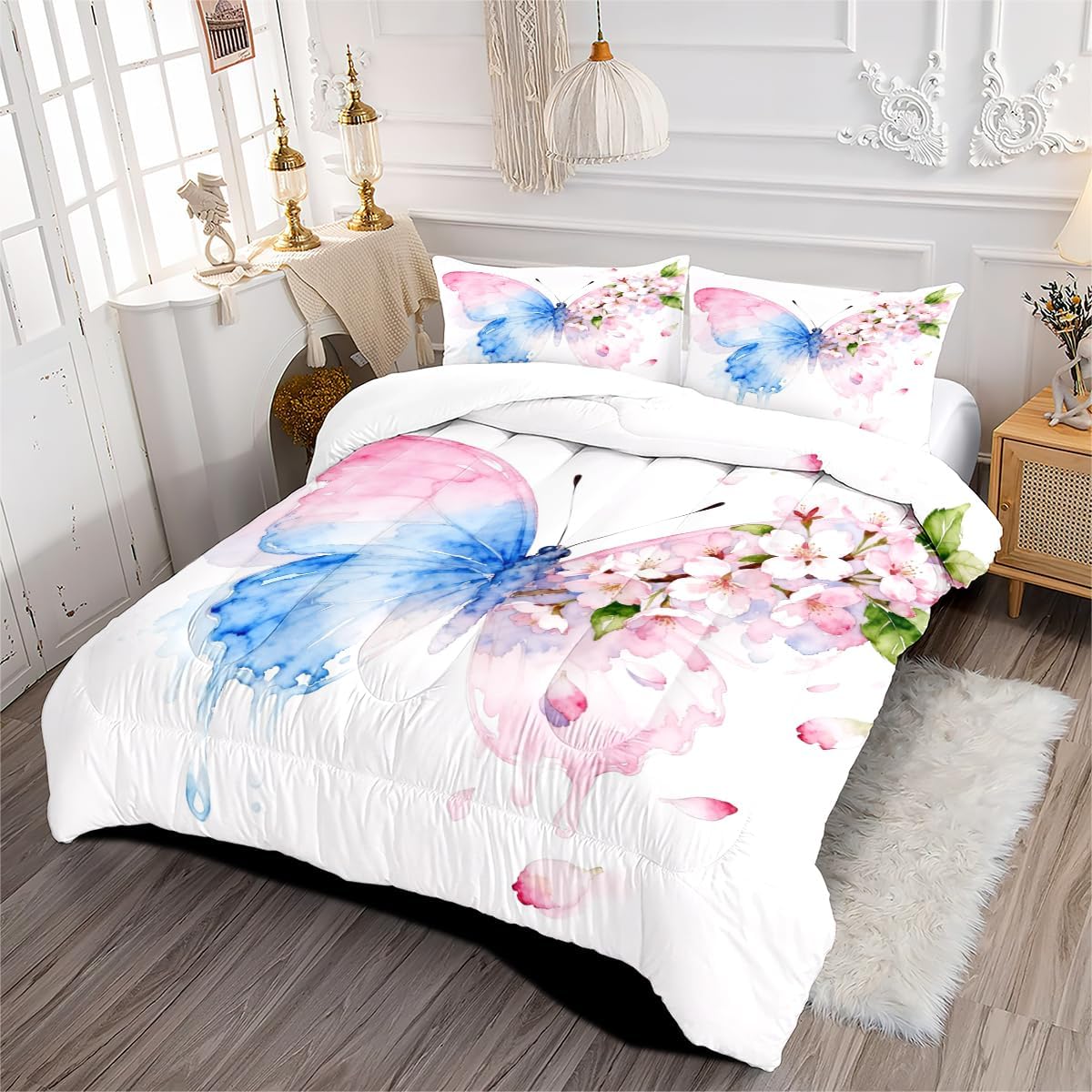 Set 3 Set 2 CCoutueChen Butterfly Comforter Queen Pieces Blue Pink Butterfly Bedding for Kids Teens Butterflies Cherry