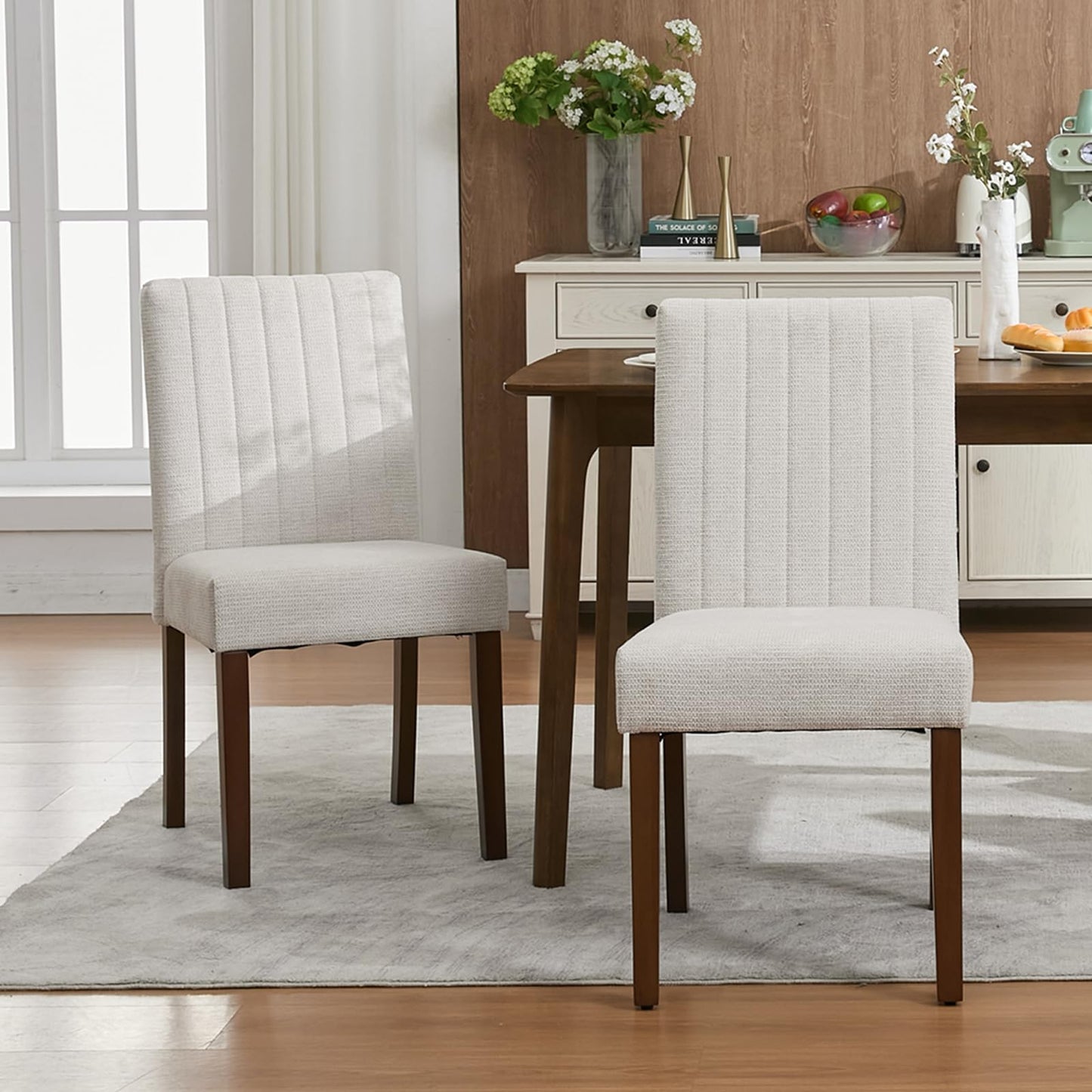 IDEALHOUSE Dining Chairs Set of 6, Farmhouse Tufted Parsons Chairs Stylish Kitchen Chairs Upholstered Fabric Kitchen Chairs with Wood Legs and Padded Seat, for Dining Room, Living Room, Beige