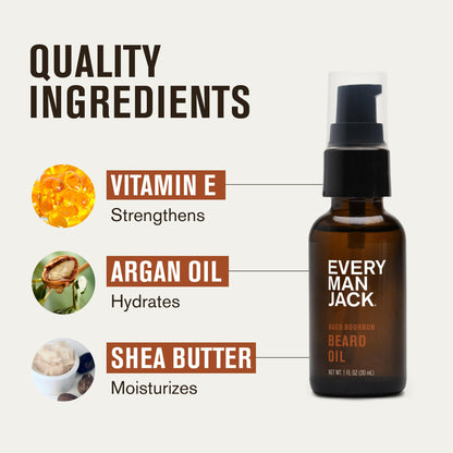 Every Man Jack Men's Beard Oil - Aged Bourbon Fragrance - Deeply Moisturizes and Softens Your Beard and Adds a Natural Shine - Naturally Derived with Shea Butter and Argan Oil - 1 fl oz