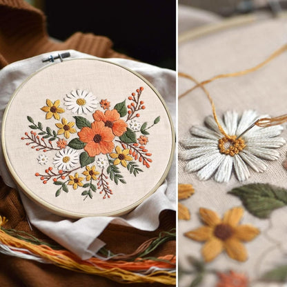 Arte Vita Embroidery Starter Kit Orange Flower Pattern Full Range DIY Beginner Hand Stitch Set Including Stamped Cloth, Bamboo Hoop, Color Threads, Needles Floral