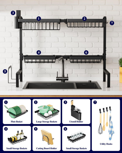 Kitsure Over The Sink Dish Drying Rack - 30.0" to 33.9" x 21.5", Adjustable Sink Drying Rack for Kitchen Sink with Multifunctional Baskets, Black