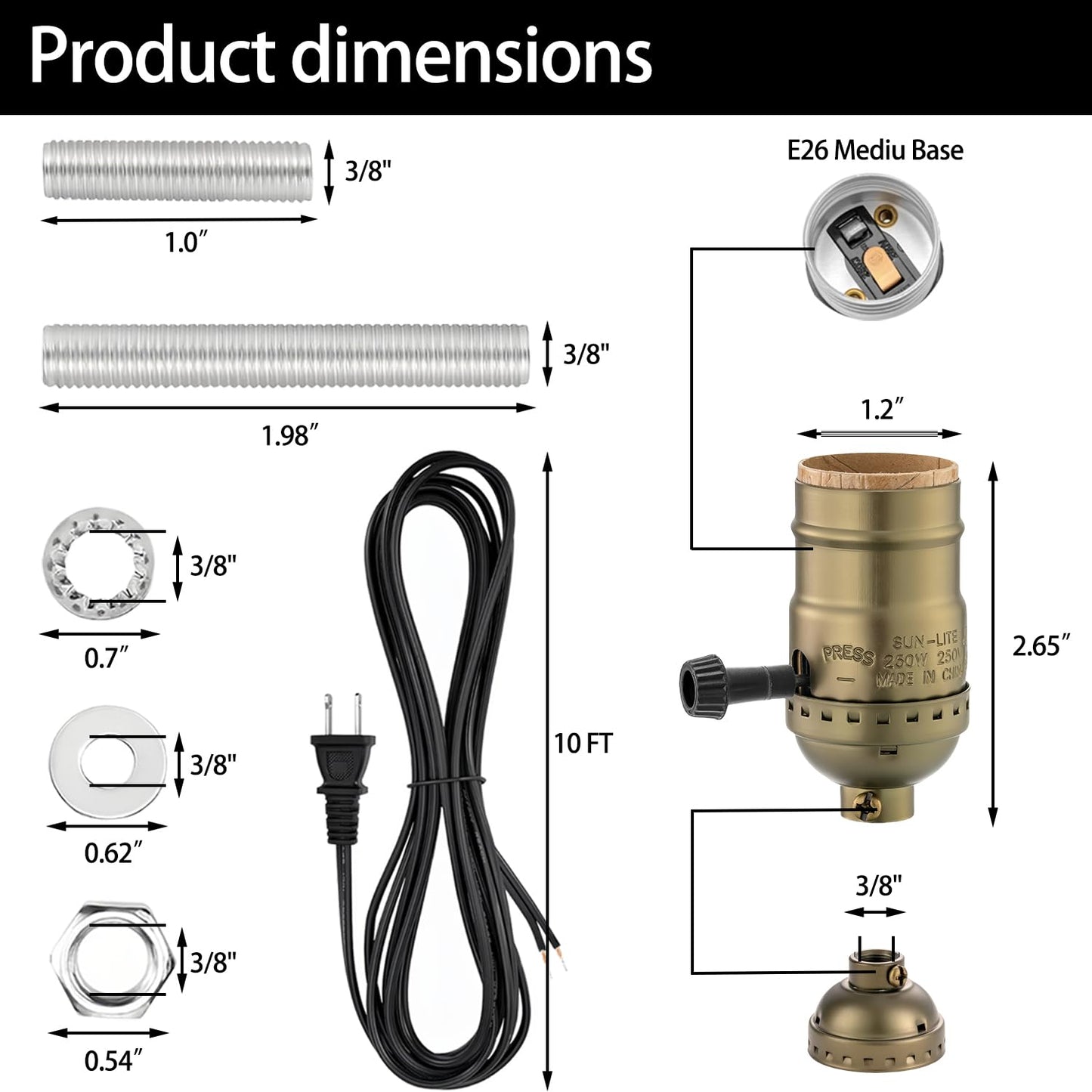 Lamp Rewire Kit, 10 Foot Matching Cord, 2 Way Socket and Essential Hardware, Table and Floor Lamps Socket Replacement, Rewire and Repair, DIY Light Making Kit (Antique Brass)