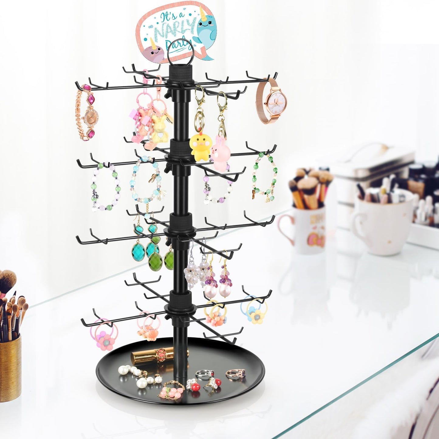 GEAMSAM Jewelry Display for Vendors with 80 Hooks, 4 Tier Rotating Display Stand Earring Holder Organizer Adjustable Height, Earring Rack Keychain Necklace Bracelet Display for Retail