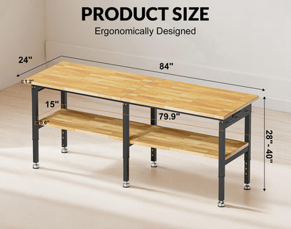 MUWOOD 84” Heavy Duty Work Bench, 2-Layer Adjustable Workbench, 5000 LBS Capacity Work Bench with Power Outlet & Pegboard, Rubber Wood Work Table for Garage, Workshop, Office, Home