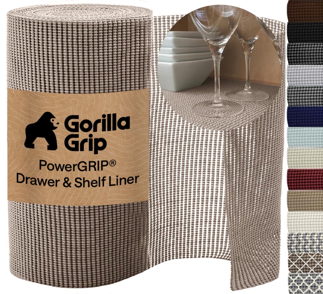 GORILLA GRIP powerGRIP Drawer Shelf and Cabinet Liner, Thick Strong Hold, Non-Adhesive Liners Protect Kitchen Cabinets and Cupboard, Bathroom Drawers, Easy Install Mat, 12" x20', Beige