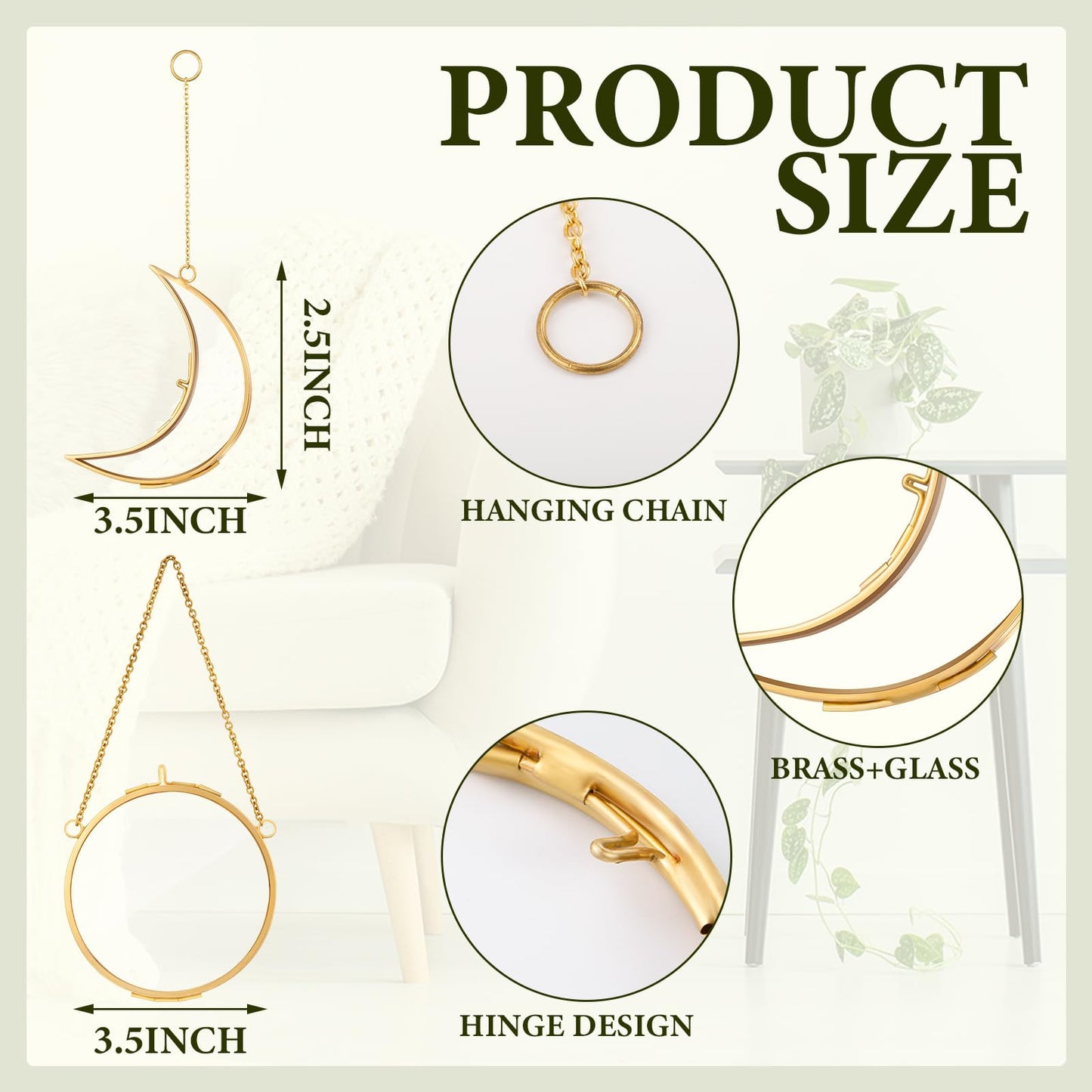 Qunclay 4 Pcs Pressed Flower Frames Bulk Double Glass Floating Hanging Photo Frame Sun Moon Clear Pressed Flower Decor with Chain for DIY Crafts Artwork Display Gallery(Gold,3.5 x 2.5 Inch)