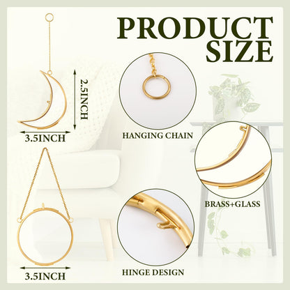 Qunclay 4 Pcs Pressed Flower Frames Bulk Double Glass Floating Hanging Photo Frame Sun Moon Clear Pressed Flower Decor with Chain for DIY Crafts Artwork Display Gallery(Gold,3.5 x 2.5 Inch)